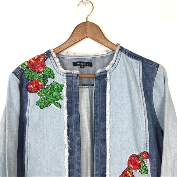 Relativity Beaded Floral Denim Jean Jacket Medium - Picture 3 of 7